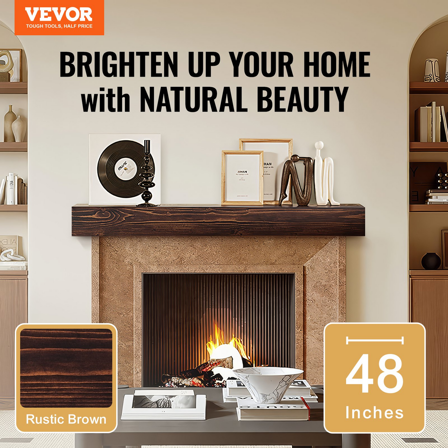 VEVOR Fireplace Mantel Wood Shelf Floating Rustic Fireplace Mantel 48" Brown - Navarrete Furniture