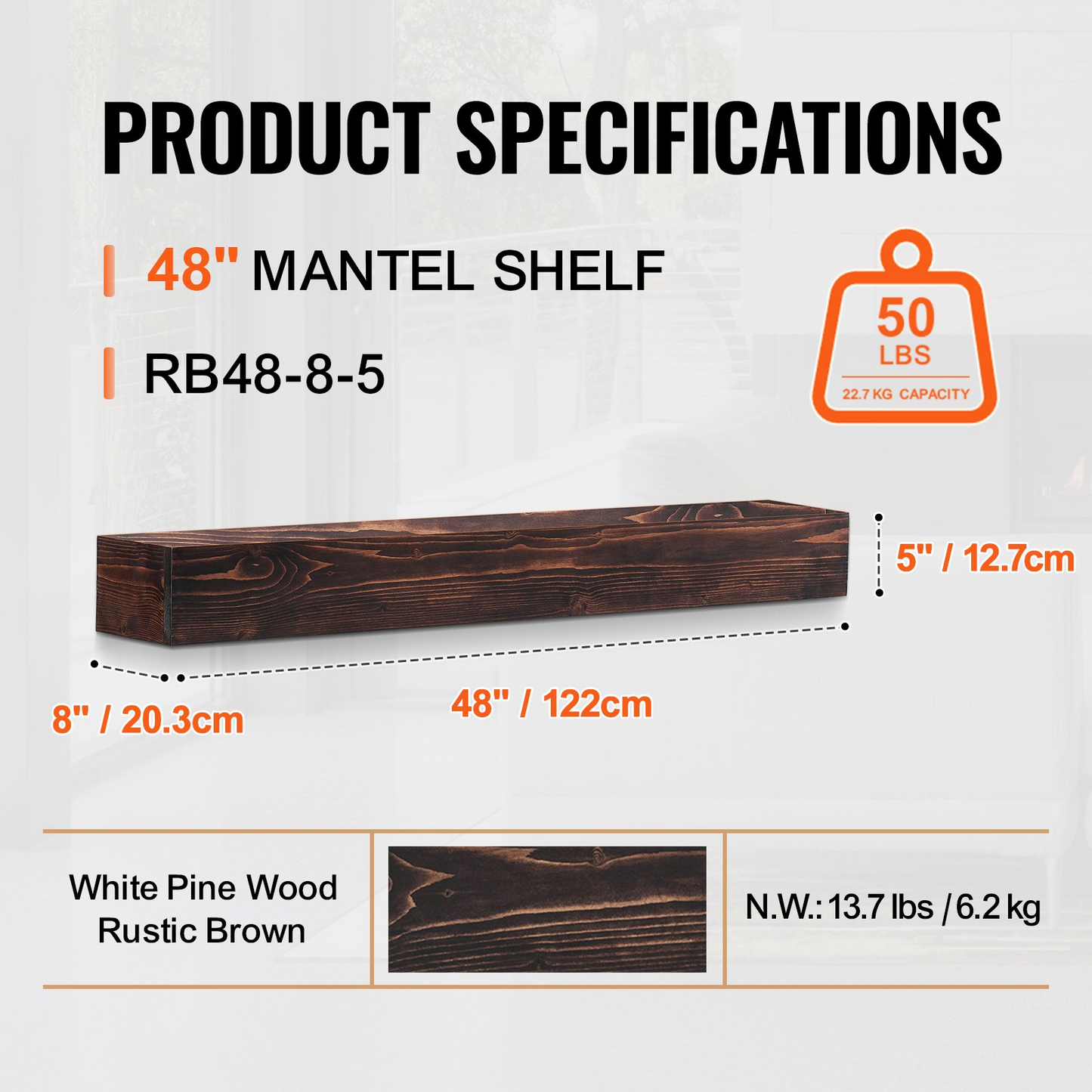 VEVOR Fireplace Mantel Wood Shelf Floating Rustic Fireplace Mantel 48" Brown - Navarrete Furniture