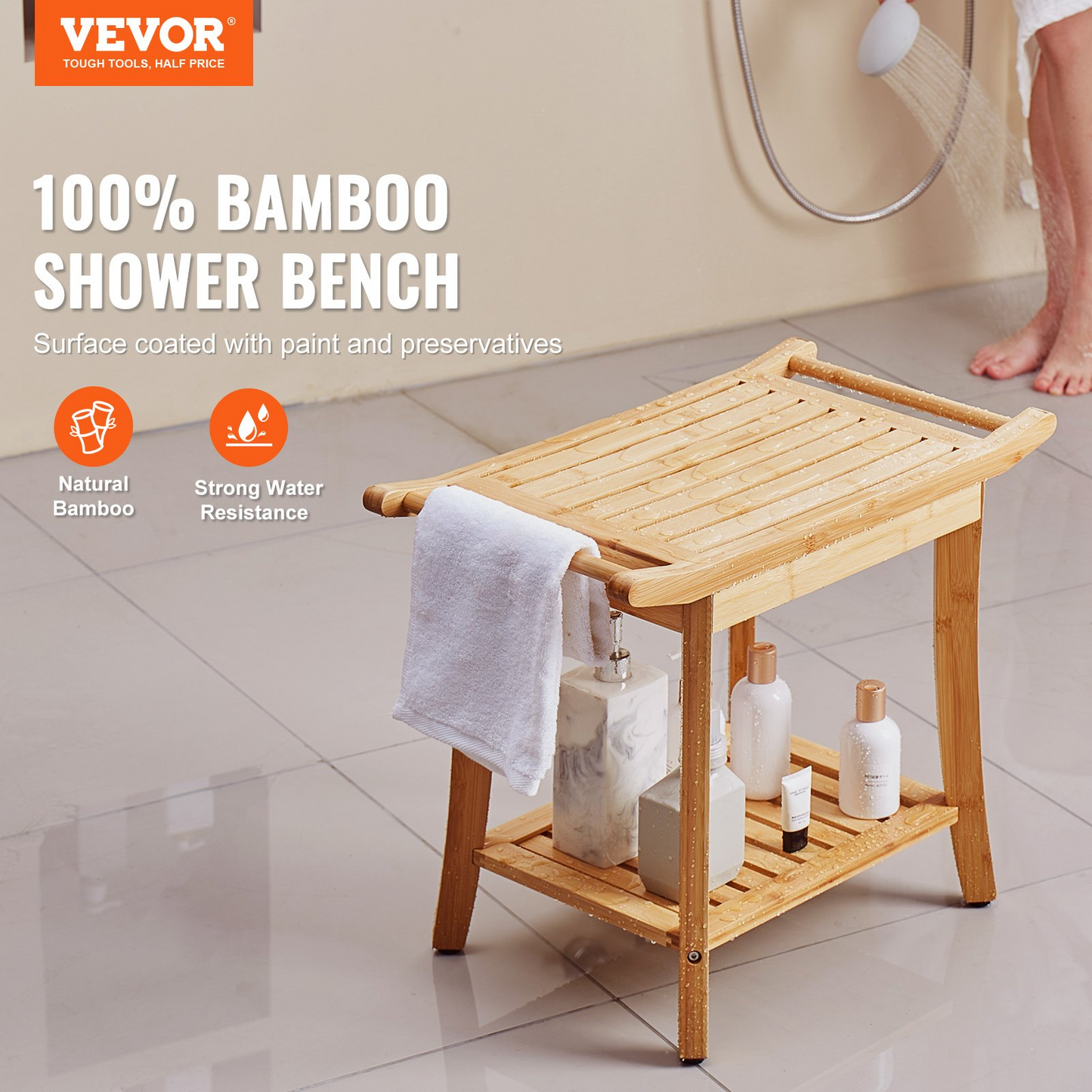 VEVOR Bamboo Shower Bench 24 x 13.8 x 18.9 in Shower Stool Chair for Bathroom - Navarrete Furniture