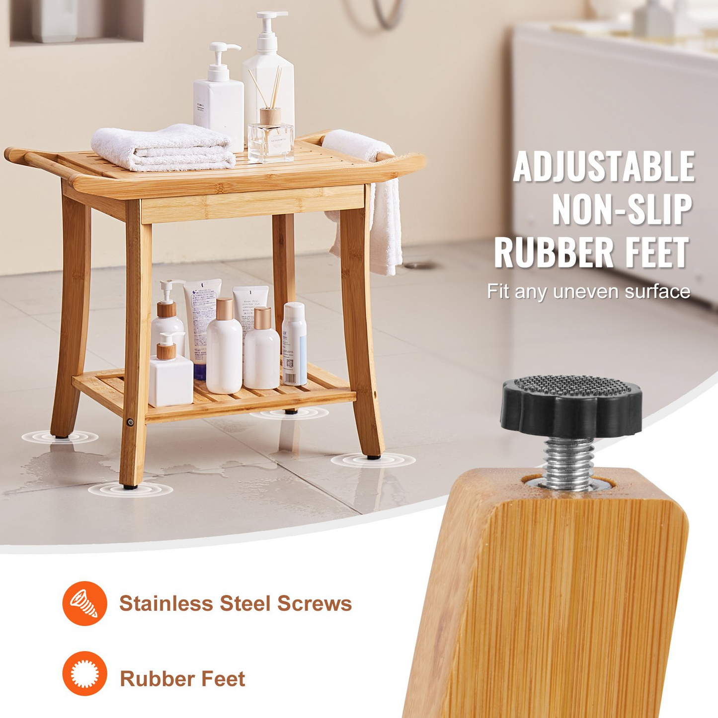 VEVOR Bamboo Shower Bench 24 x 13.8 x 18.9 in Shower Stool Chair for Bathroom - Navarrete Furniture
