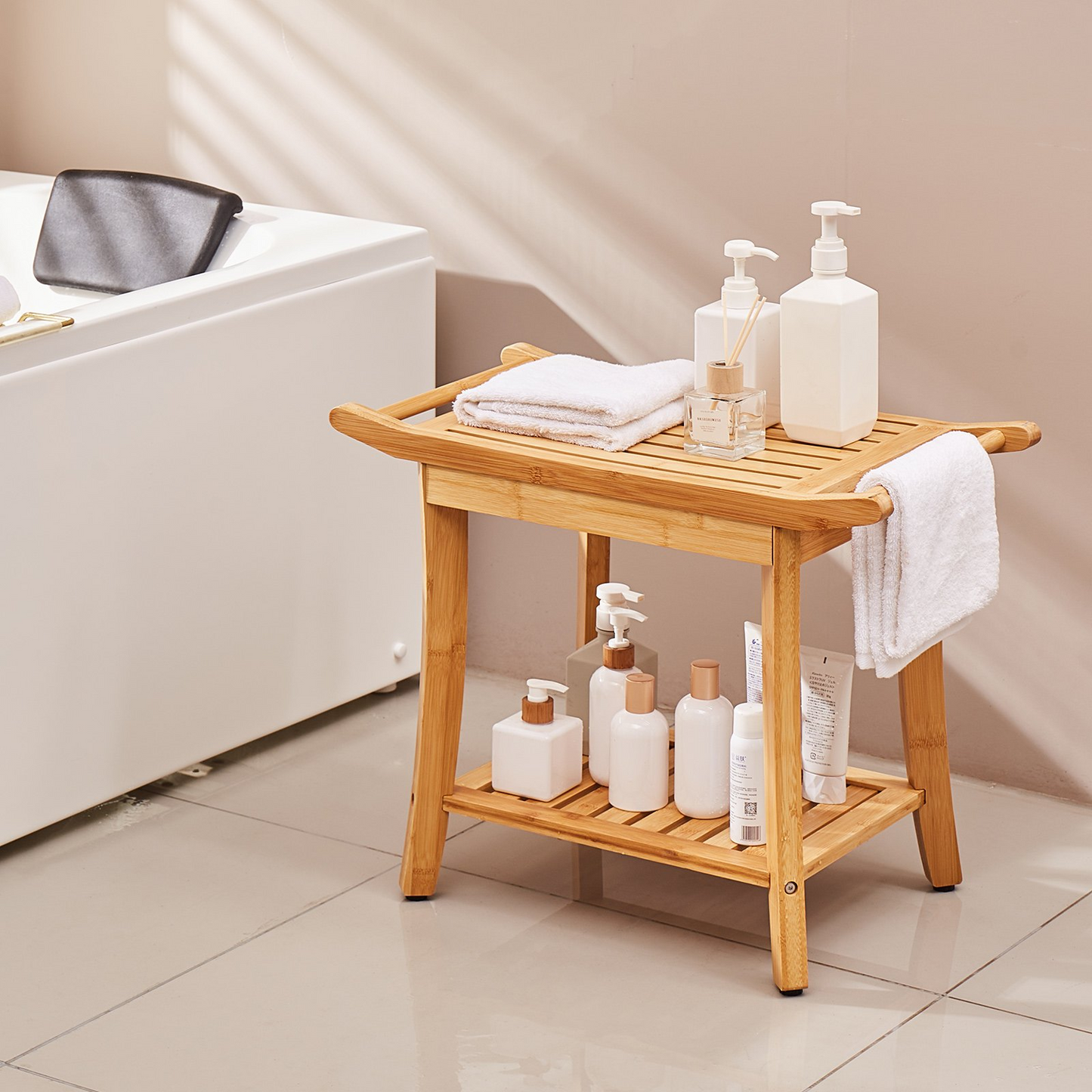 VEVOR Bamboo Shower Bench 24 x 13.8 x 18.9 in Shower Stool Chair for Bathroom - Navarrete Furniture