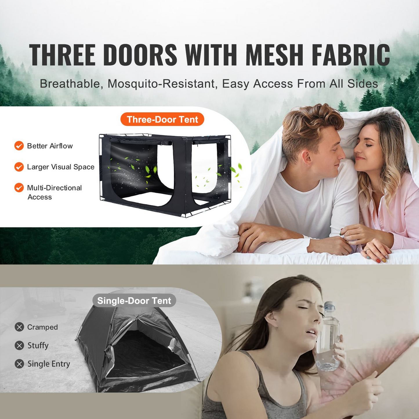 VEVOR 3-Door Bed Tent, Breathable, 70% Blackout, Fiber Poles - Navarrete Furniture