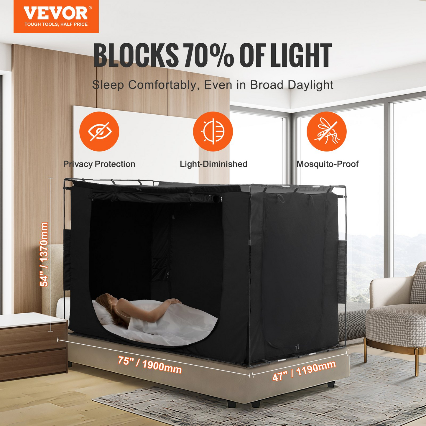 VEVOR 3 Doors Bed Tent Breathable Tent 70% Blackout with 0.37 in Fiber Poles - Navarrete Furniture