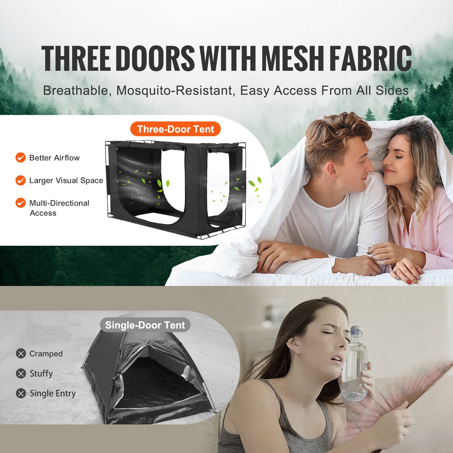 VEVOR 3 Doors Bed Tent Breathable Tent 70% Blackout with 0.37 in Fiber Poles - Navarrete Furniture