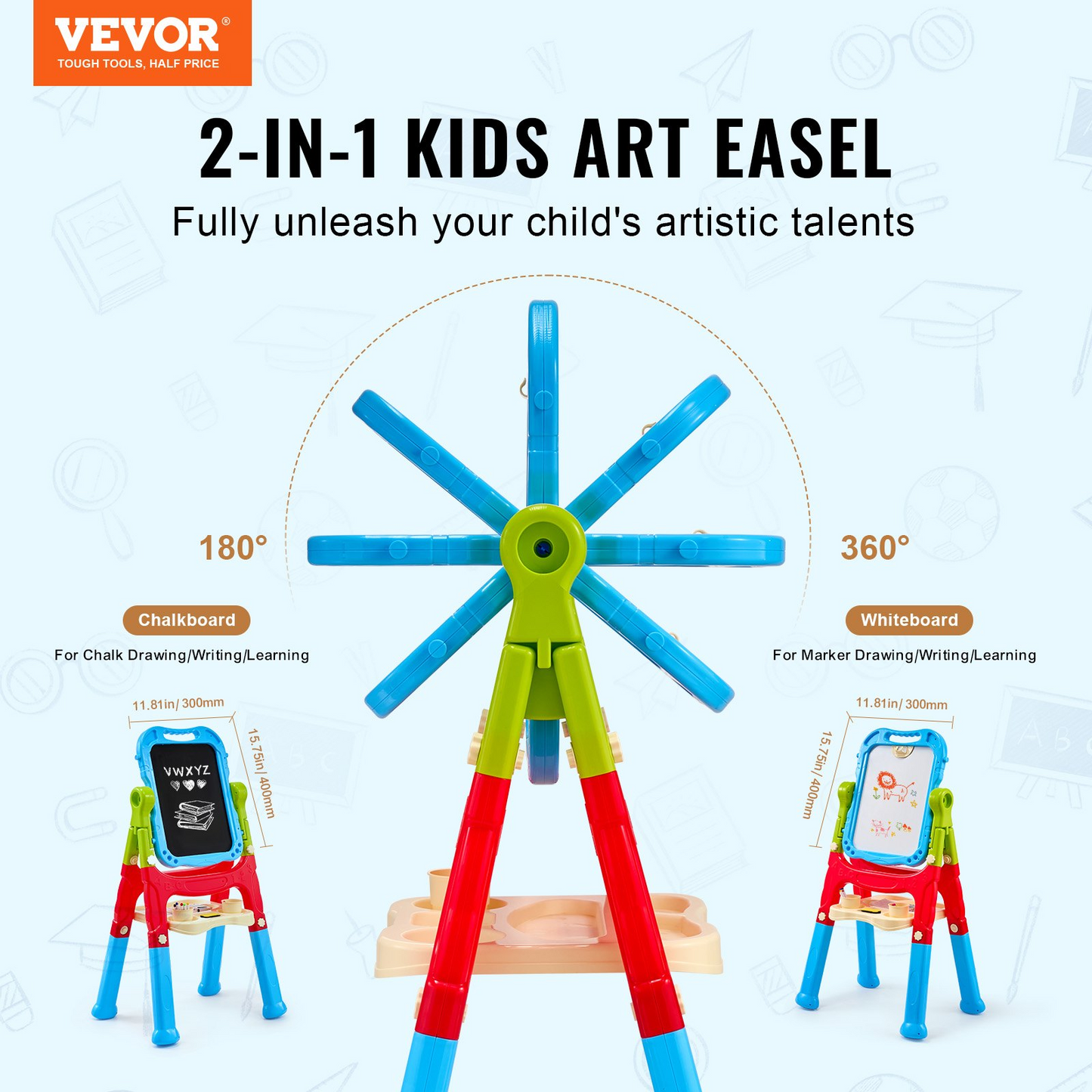 VEVOR 2-in-1 Kids Art Easel Double-Sided Magnetic Whiteboard Chalkboard Rotating - Navarrete Furniture