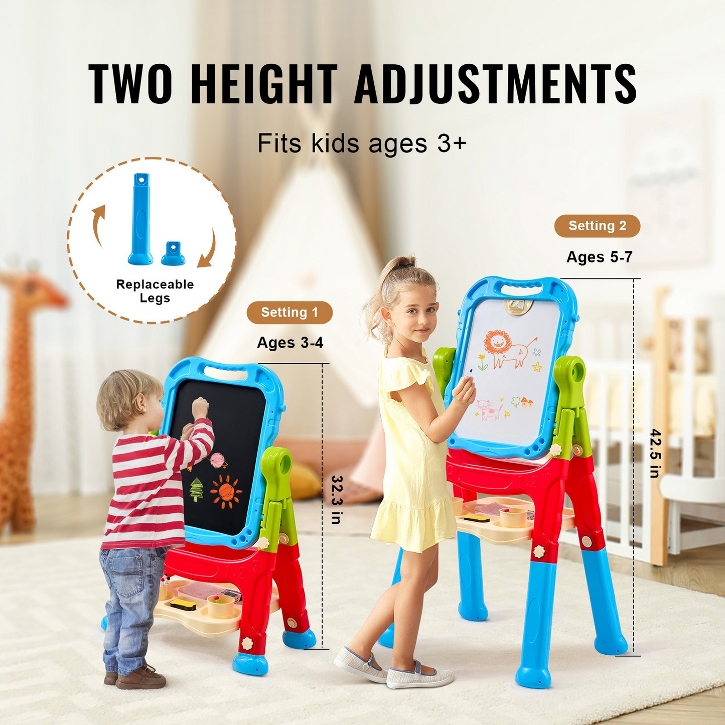 VEVOR 2-in-1 Kids Art Easel Double-Sided Magnetic Whiteboard Chalkboard Rotating - Navarrete Furniture