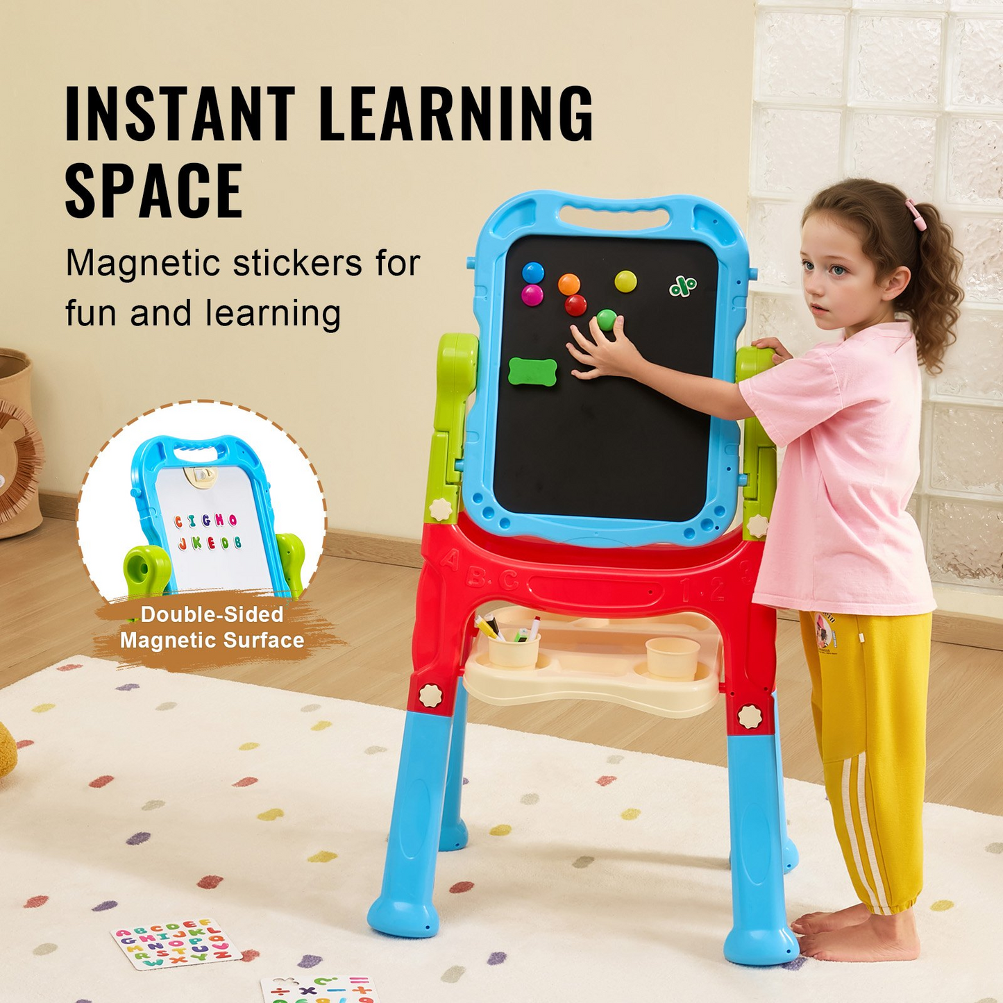 VEVOR 2-in-1 Kids Art Easel Double-Sided Magnetic Whiteboard Chalkboard Rotating - Navarrete Furniture