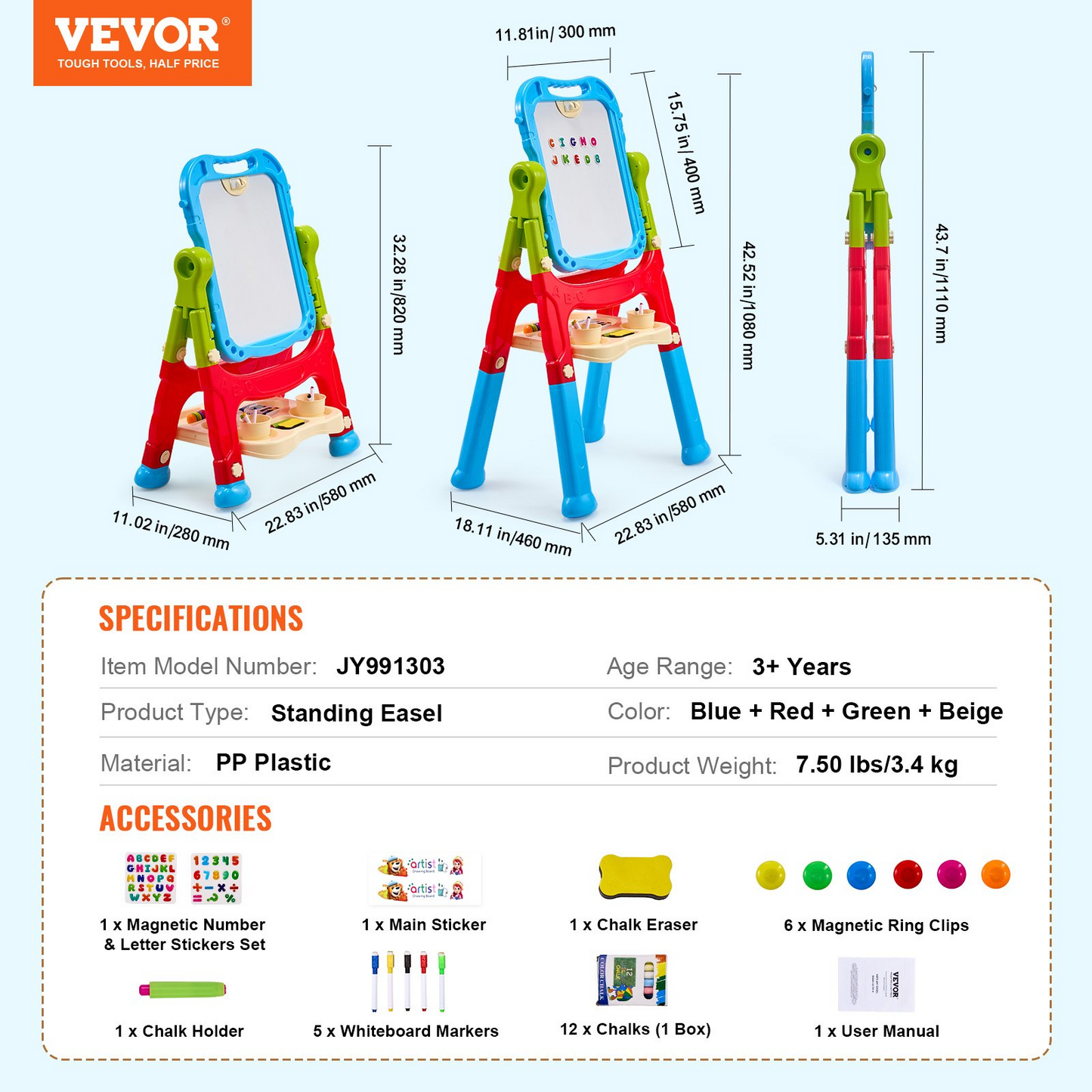 VEVOR 2-in-1 Kids Art Easel Double-Sided Magnetic Whiteboard Chalkboard Rotating - Navarrete Furniture