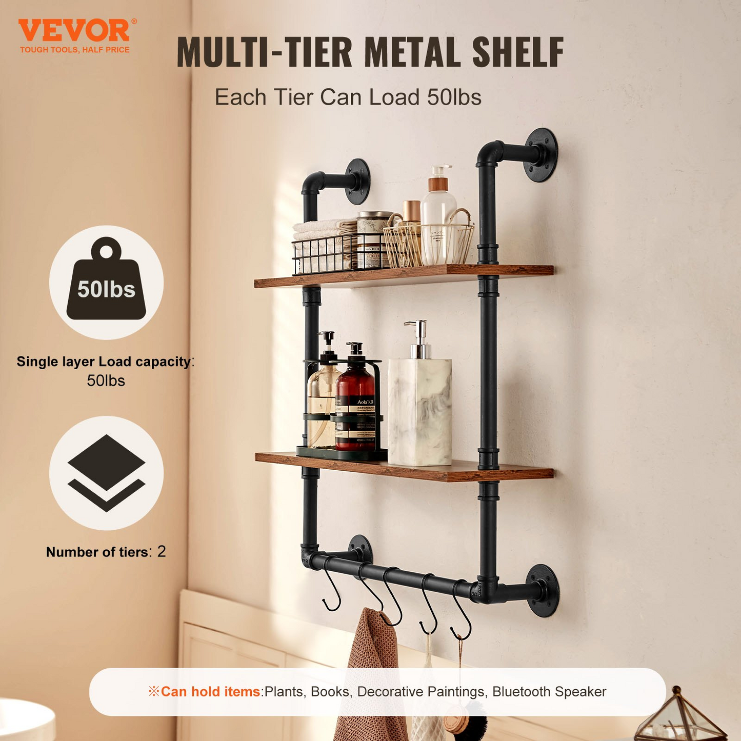 VEVOR Industrial Pipe Shelf 2 Tier 24x7.87in Wall-Mount for Kitchen Bedroom - Navarrete Furniture