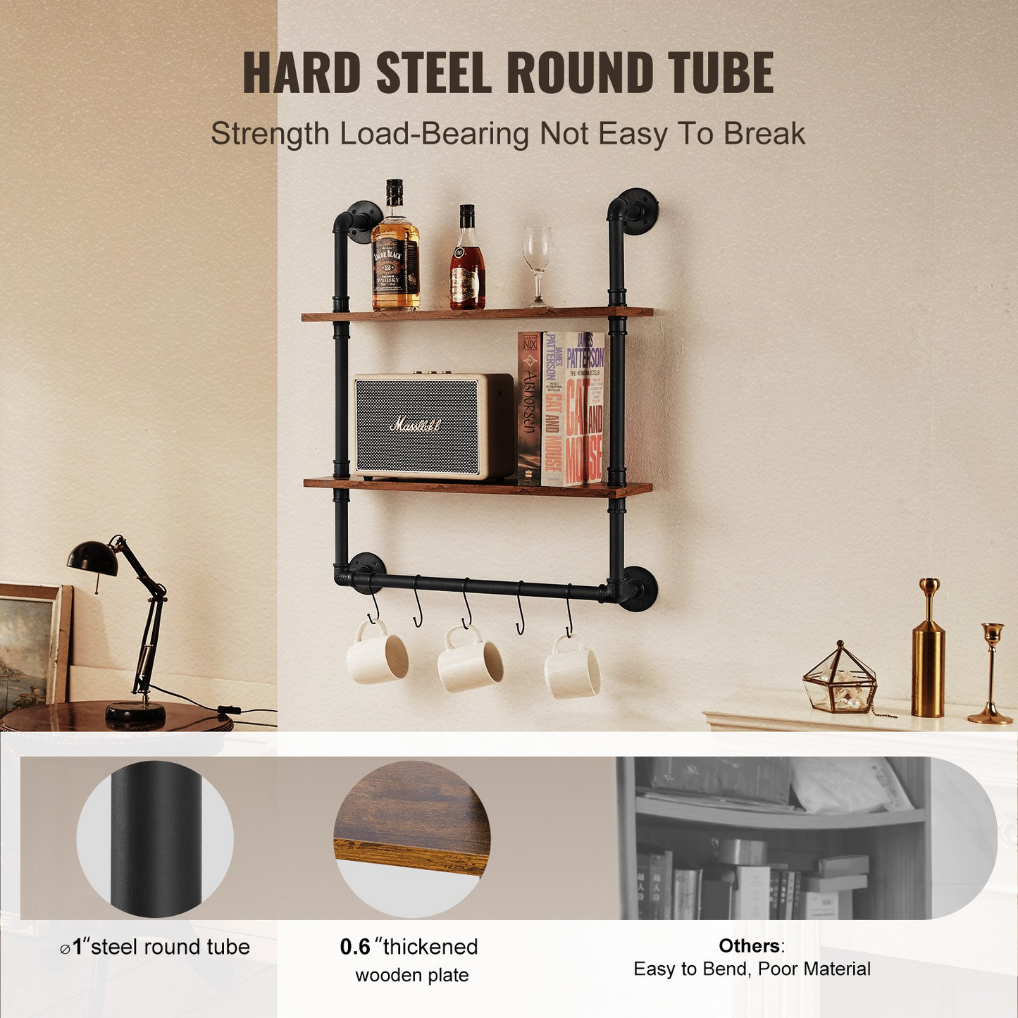 VEVOR Industrial Pipe Shelf 2 Tier 24x7.87in Wall-Mount for Kitchen Bedroom - Navarrete Furniture