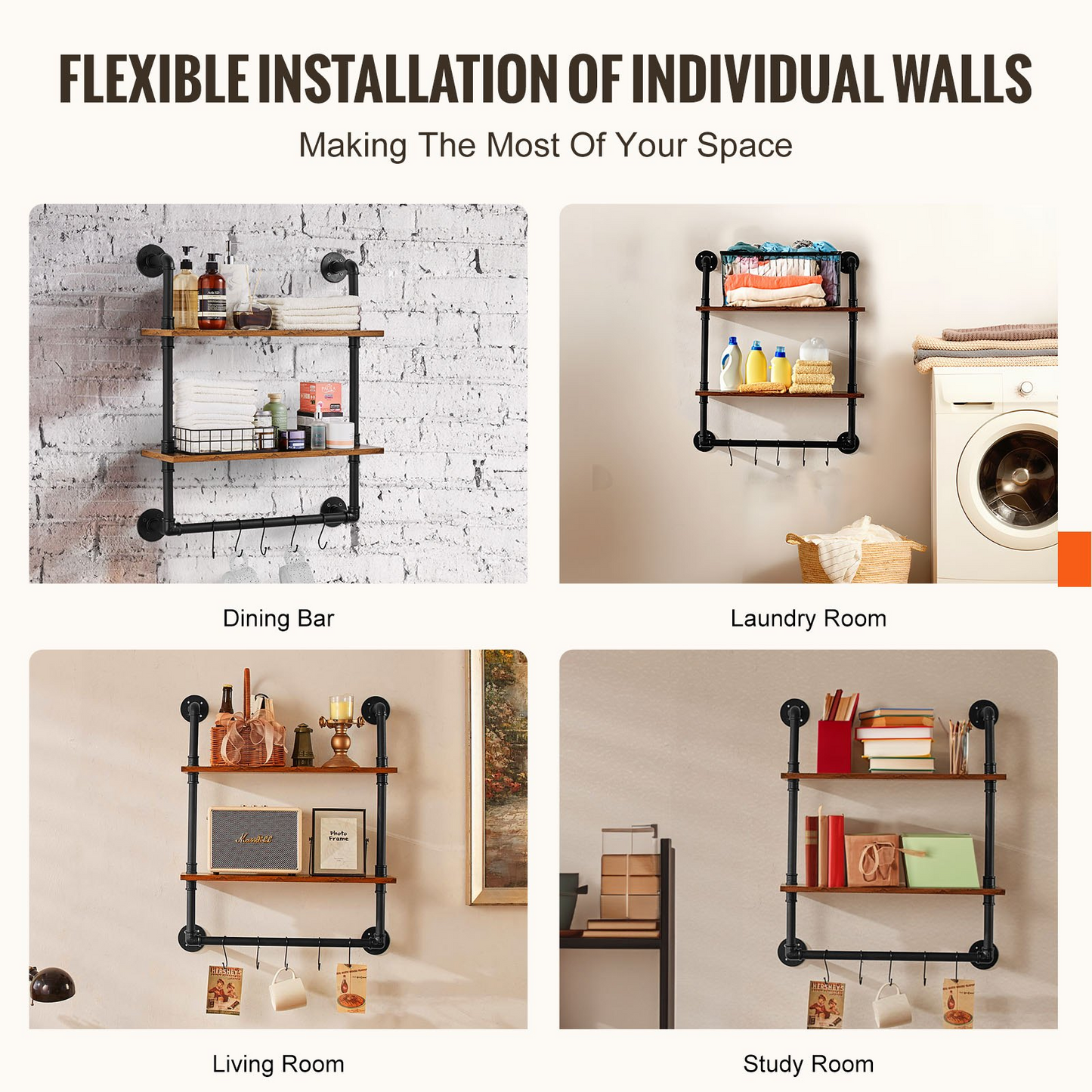 VEVOR Industrial Pipe Shelf 2 Tier 24x7.87in Wall-Mount for Kitchen Bedroom - Navarrete Furniture