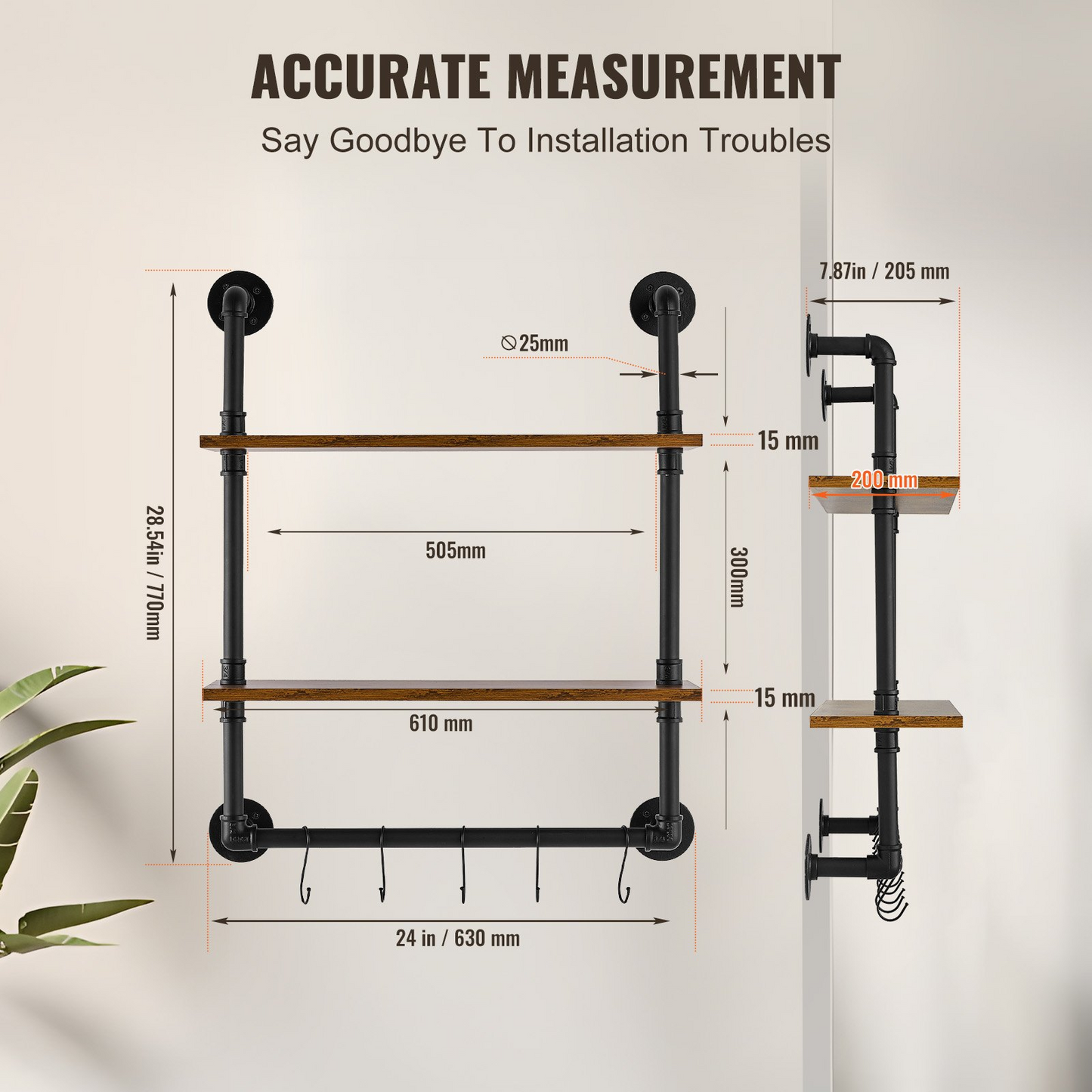 VEVOR Industrial Pipe Shelf 2 Tier 24x7.87in Wall-Mount for Kitchen Bedroom - Navarrete Furniture
