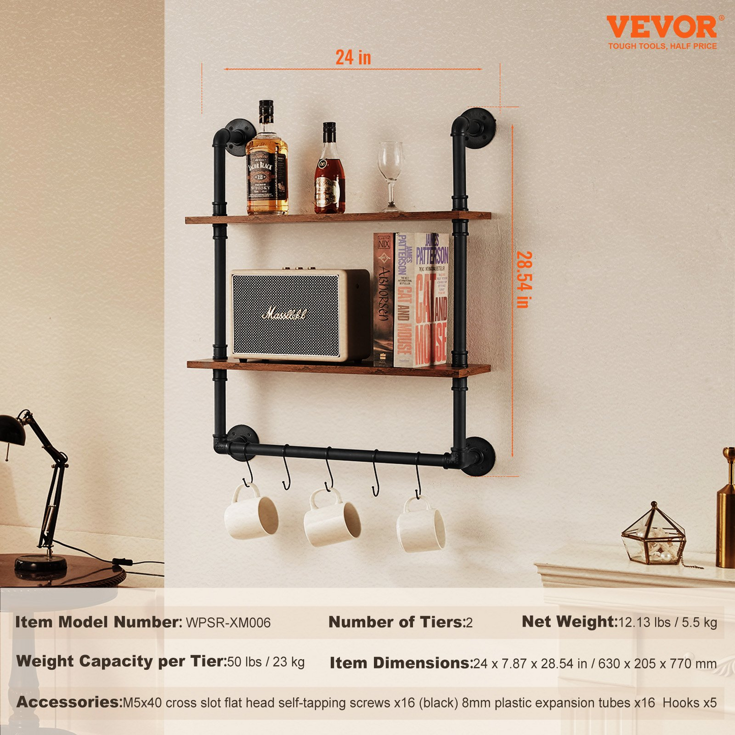 VEVOR Industrial Pipe Shelf 2 Tier 24x7.87in Wall-Mount for Kitchen Bedroom - Navarrete Furniture