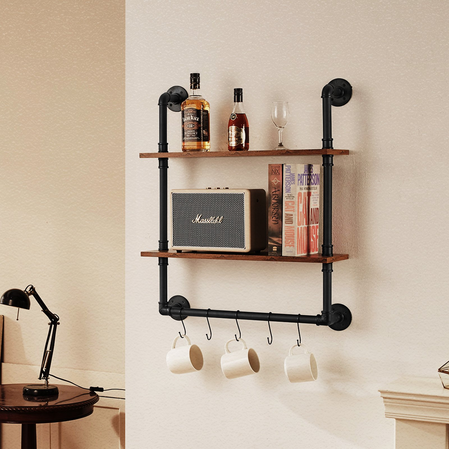 VEVOR Industrial Pipe Shelf 2 Tier 24x7.87in Wall-Mount for Kitchen Bedroom - Navarrete Furniture