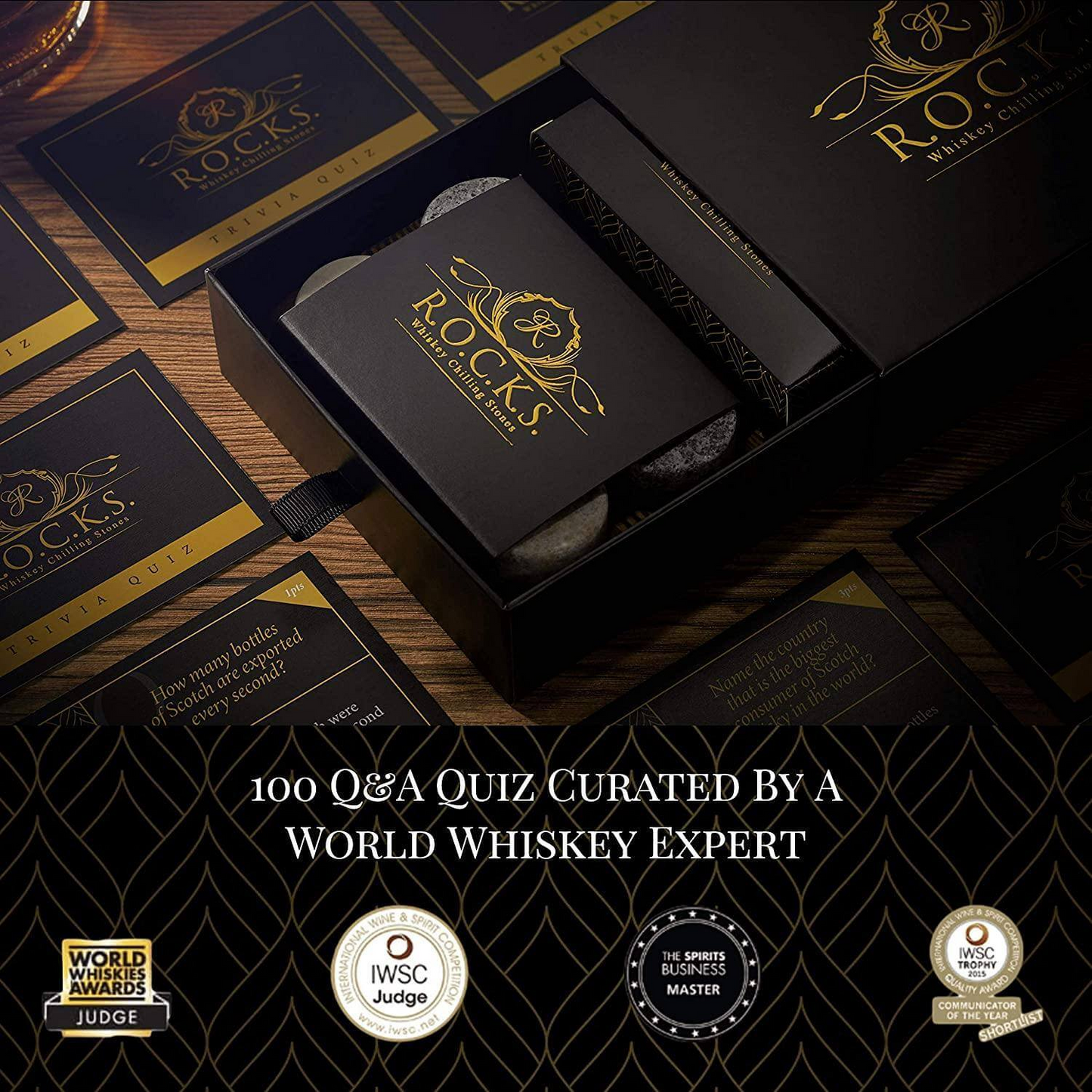 Whiskey Chilling Stones & Whiskey Quiz Gift Set - 100 Q&A