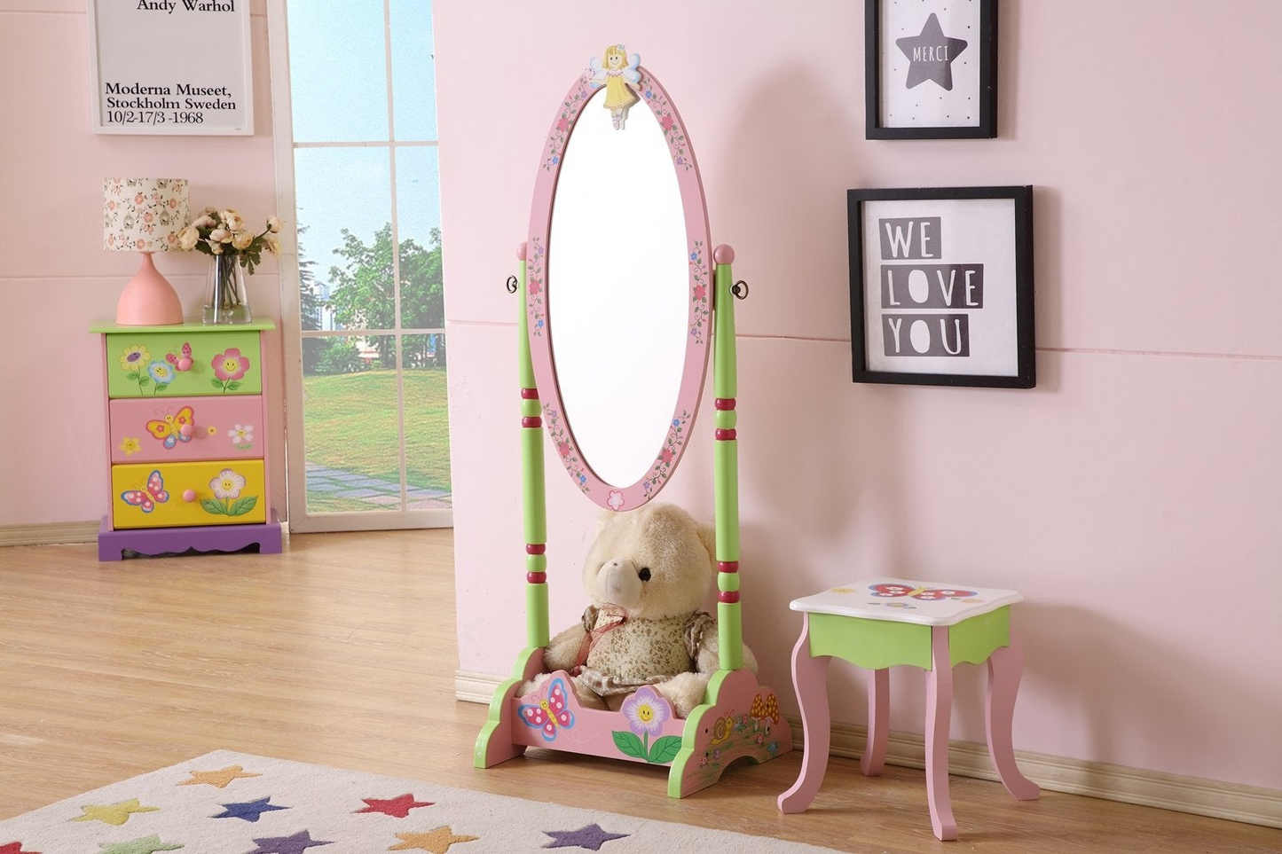 Playful Pink Kids' Standing Mirror - Fun & Stylish Wooden Stand