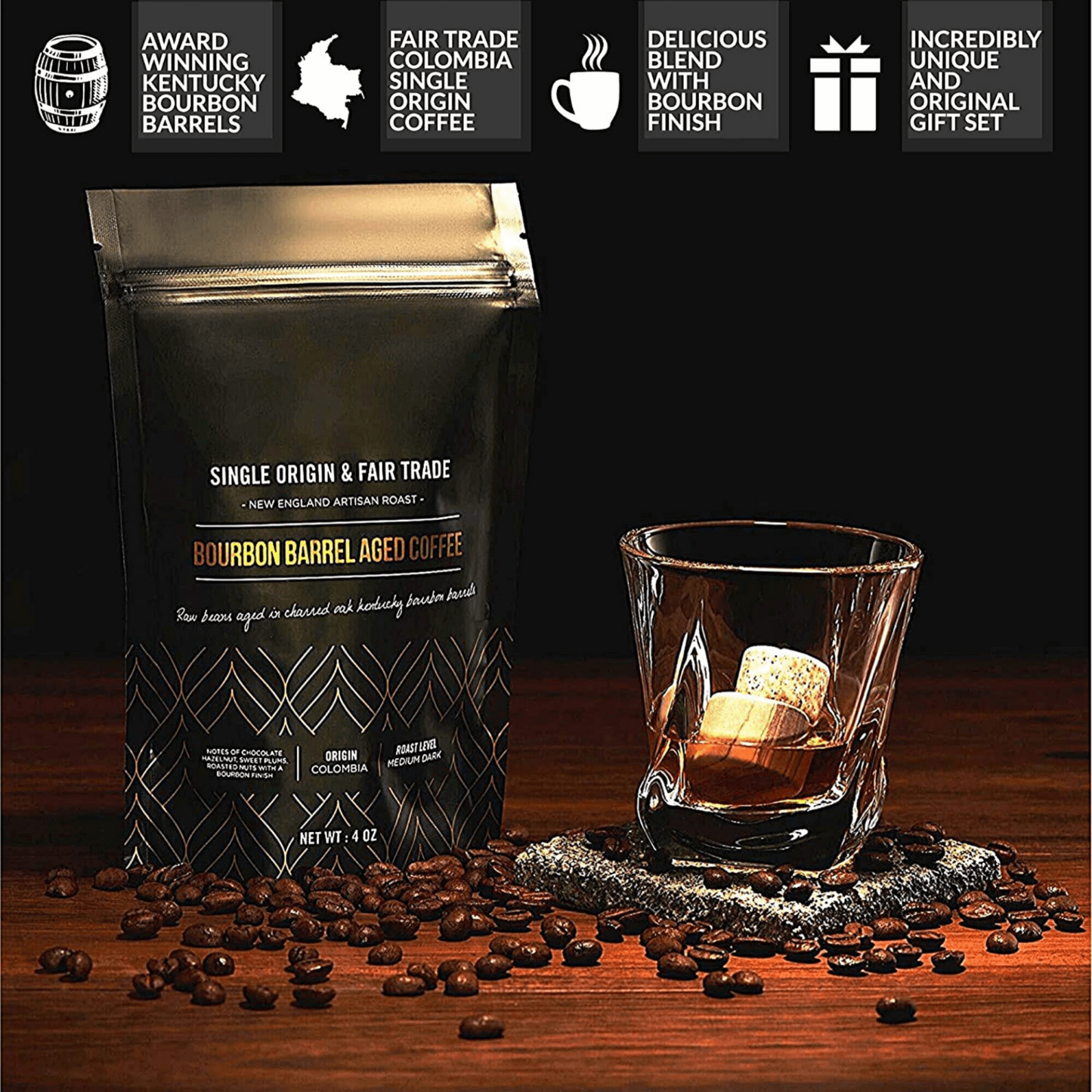 Whiskey Stones & Kentucky Bourbon Barrel Aged Coffee Tasting Gift Set