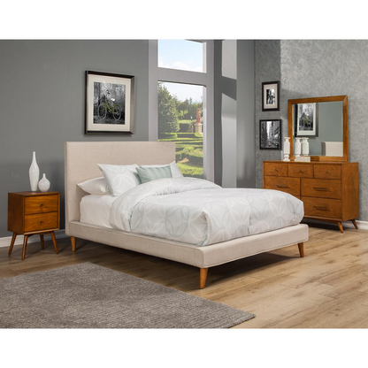 Britney Full Size Upholstered Platform Bed, Light Grey Linen, Mid-Century