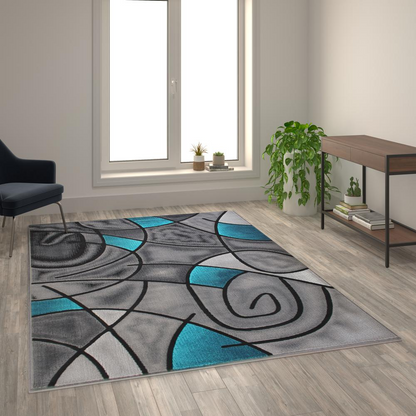 6' x 9' Turquoise Abstract Area Rug - Olefin Rug | Modern Contemporary Accent Rug