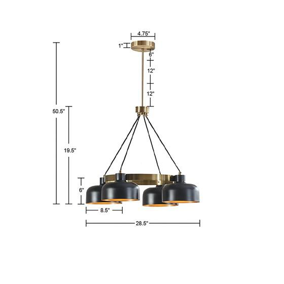 INK+IVY Abbott 4-LT Chandelier - Mid-Century Style, Black Bowl-Shaped Shades, Adjustable Height