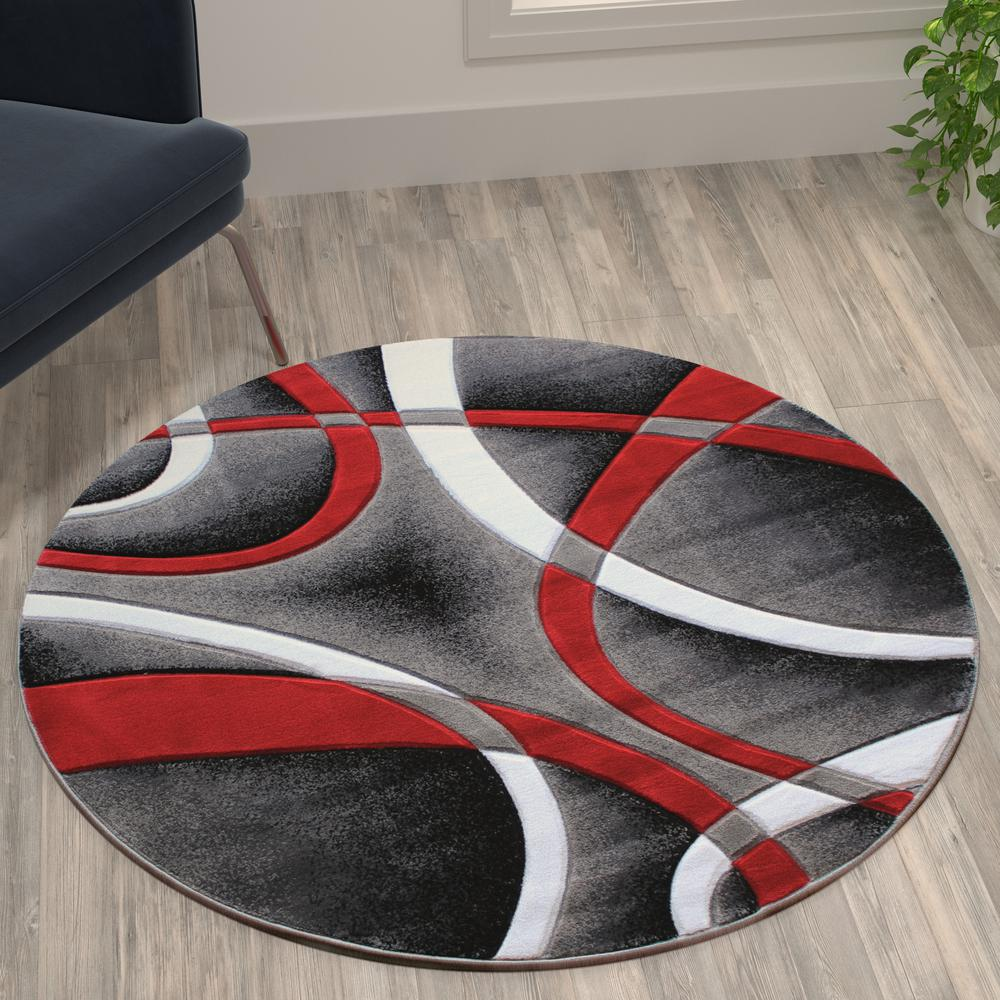 4' x 4' Red Round Abstract Area Rug - Olefin Rug | Contemporary Accent Rug for Home Decor