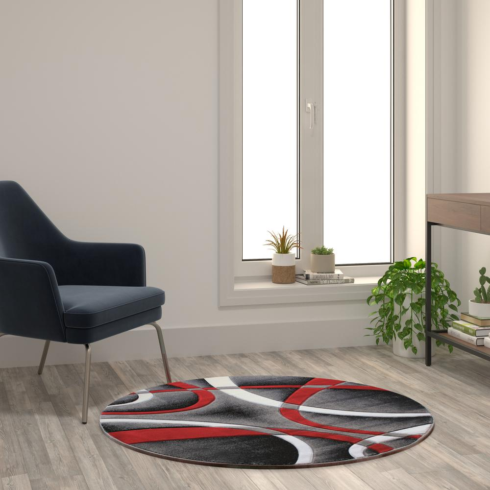 4' x 4' Red Round Abstract Area Rug - Olefin Rug | Contemporary Accent Rug for Home Decor