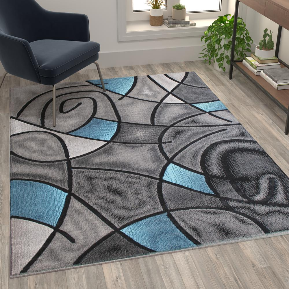 5' x 7' Blue Abstract Area Rug - Modern Design - Stain-Resistant Olefin Fibers