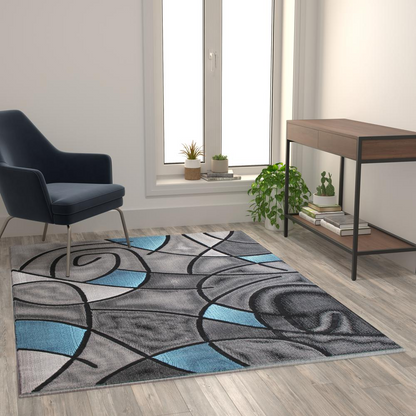 5' x 7' Blue Abstract Area Rug - Modern Design - Stain-Resistant Olefin Fibers