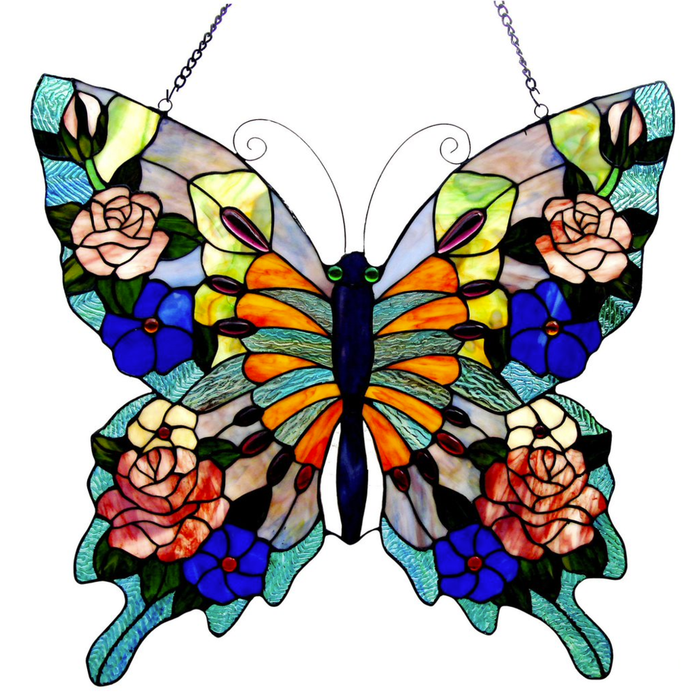 CHLOE Lighting Tiffany-glass Butterfly Window Panel 22.5x24 | Stained Glass Design