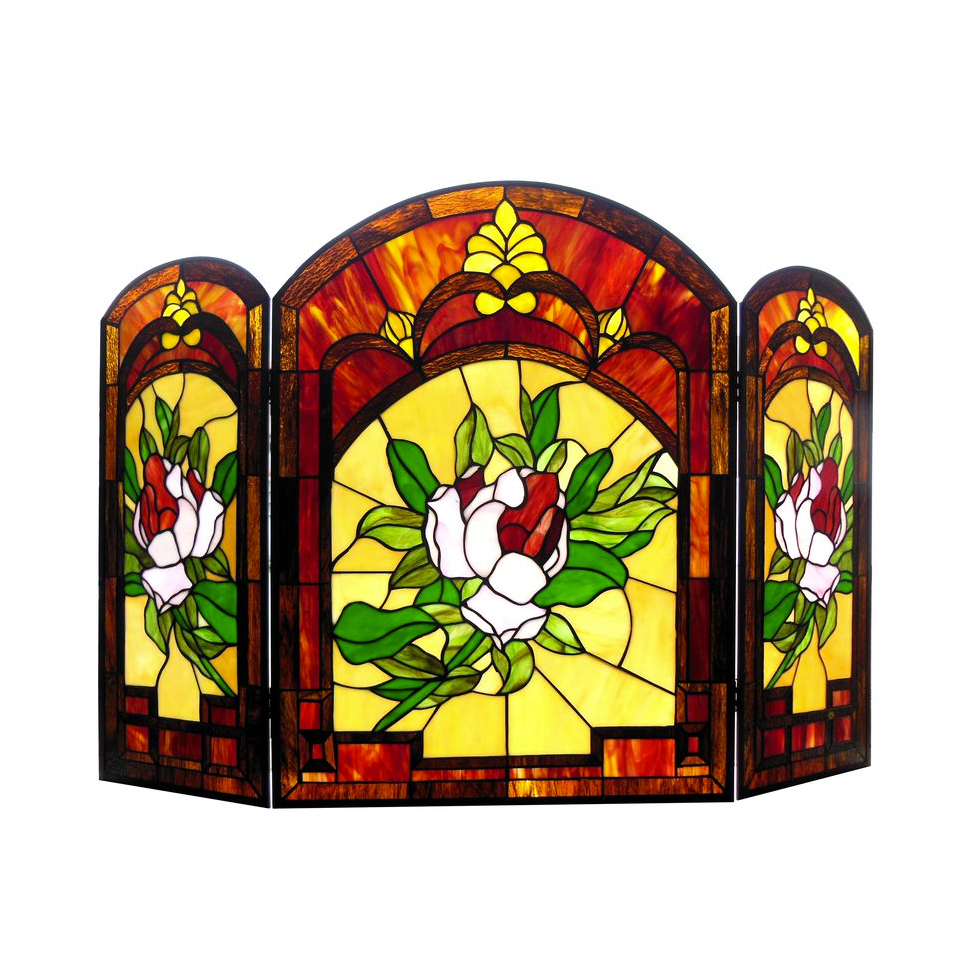 IGGY Tiffany-glass Floral Design 3pcs Folding Fireplace Screen 42" Wide - Warmth and Elegance for Your Home