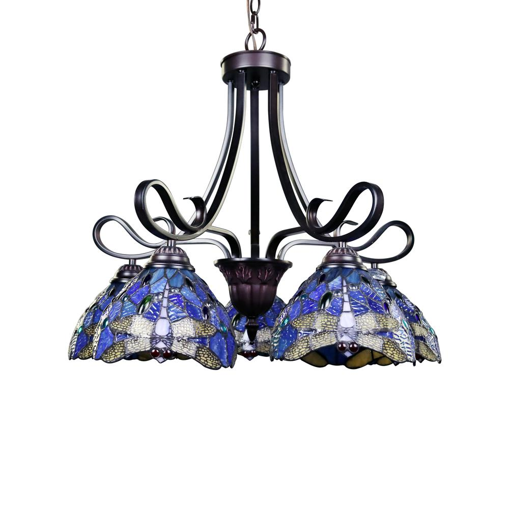 CHLOE Lighting SUNNIVA Dragonfly Tiffany-Style Dark Bronze 5 Light Chandelier 25" Wide