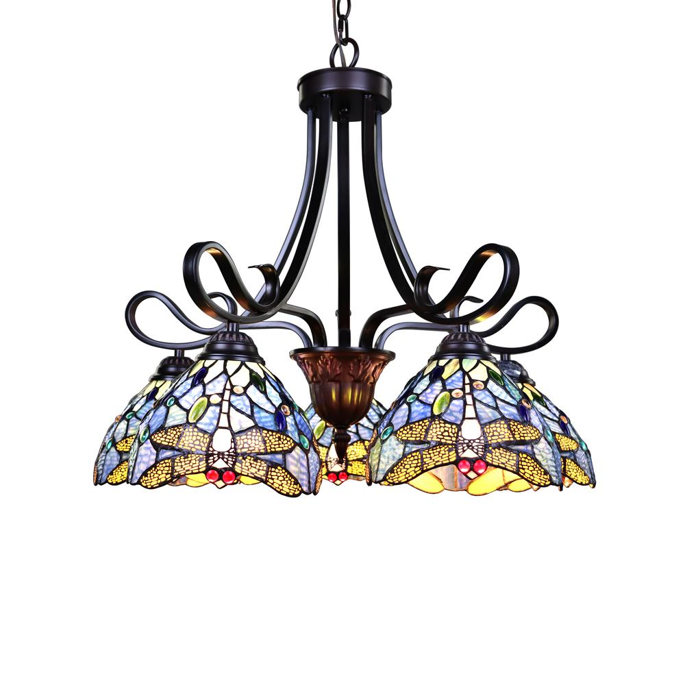 CHLOE Lighting SUNNIVA Dragonfly Tiffany-Style Dark Bronze 5 Light Chandelier 25" Wide