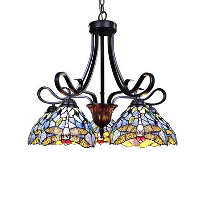 CHLOE Lighting SUNNIVA Dragonfly Tiffany-Style Dark Bronze 5 Light Chandelier 25" Wide