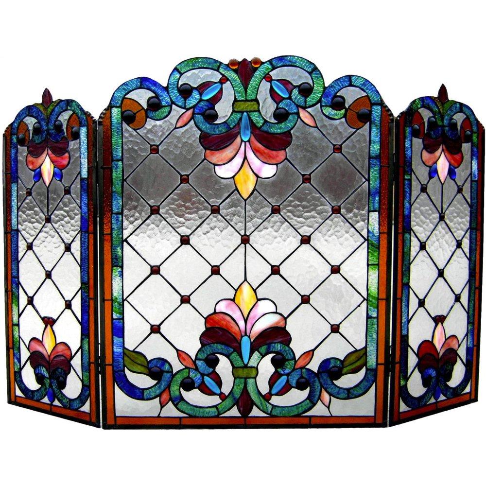 Tiffany-glass 3pcs Folding Victorian Fireplace Screen 44" Wide - Elegant Stained Glass Design