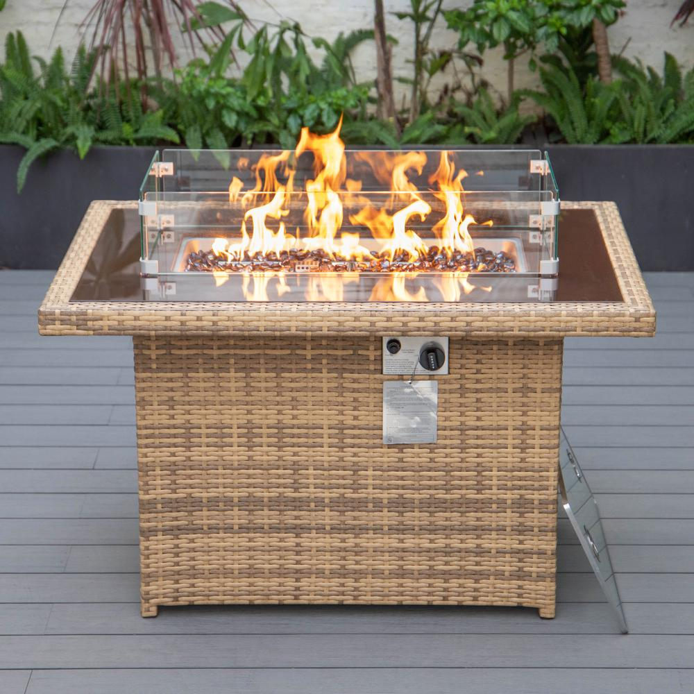 LeisureMod Mace Wicker Patio Modern Propane Fire Pit Table, Light Brown