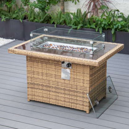 LeisureMod Mace Wicker Patio Modern Propane Fire Pit Table, Light Brown