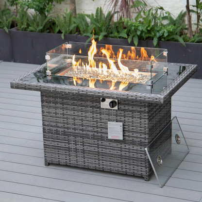 LeisureMod Mace Wicker Patio Modern Propane Fire Pit Table, Grey