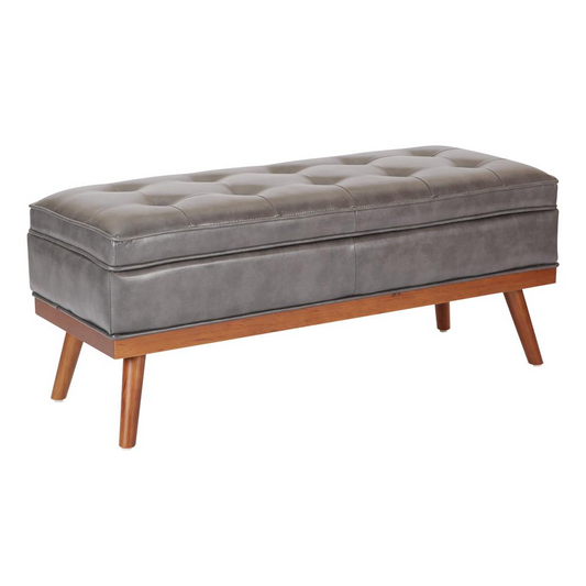 Katheryn Storage Bench - Deluxe Pewter Bonded Leather - Light Espresso Legs - Residential Use Only