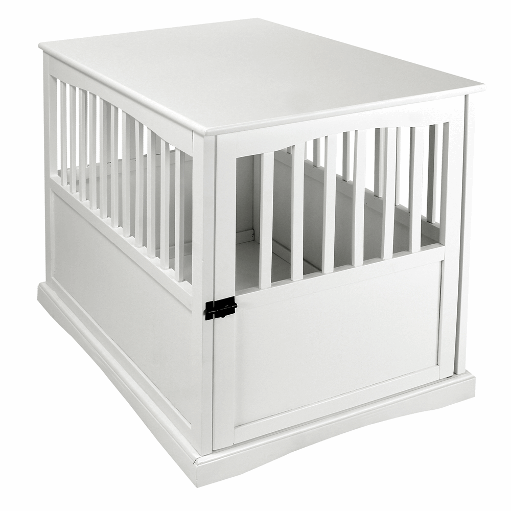 White Pet Crate Enclosure Table - Elegant Solid Wood Design for Modern