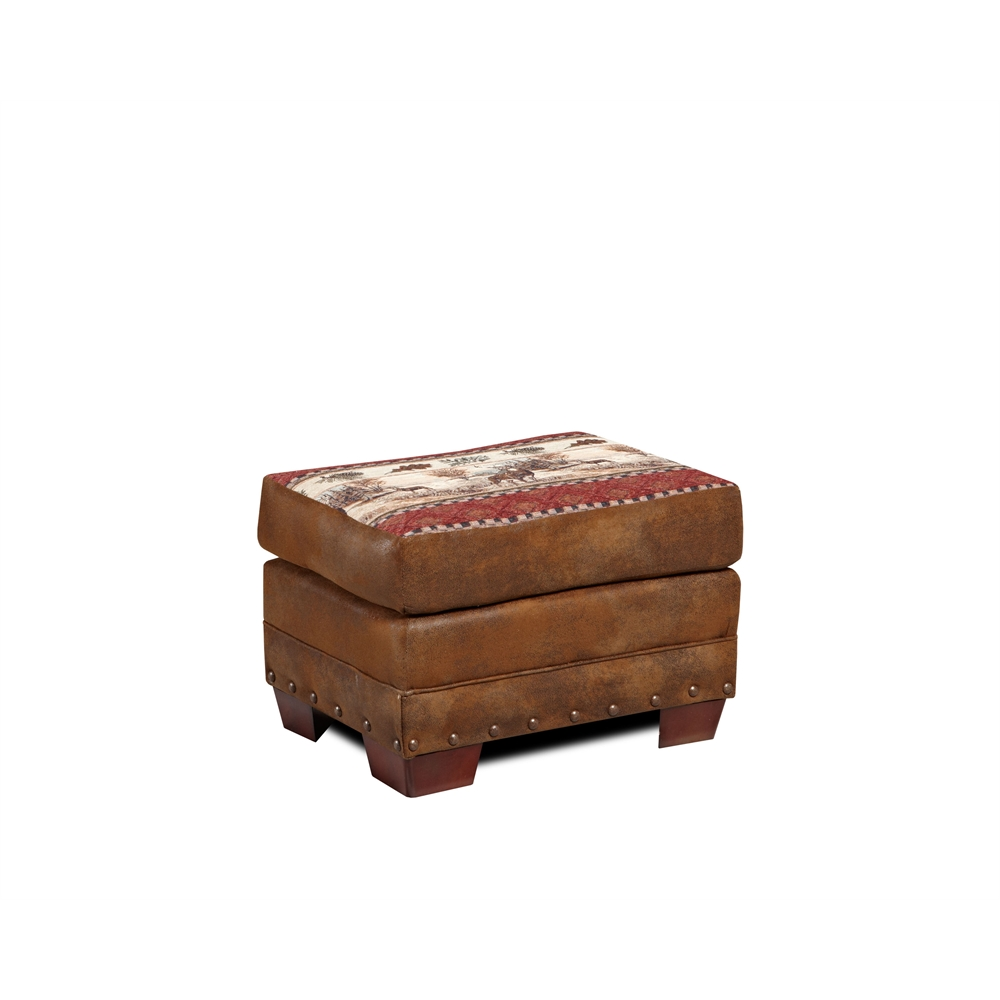 Deer Valley Ottoman - Rustic Tapestry and Leather-Look Microfiber