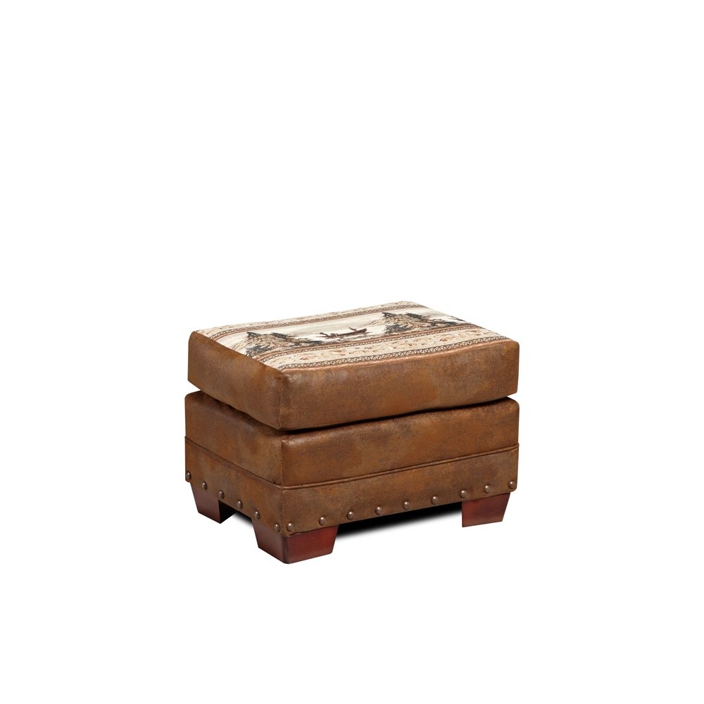 Alpine Lodge Ottoman - Rustic Tapestry and Leather-look Microfiber