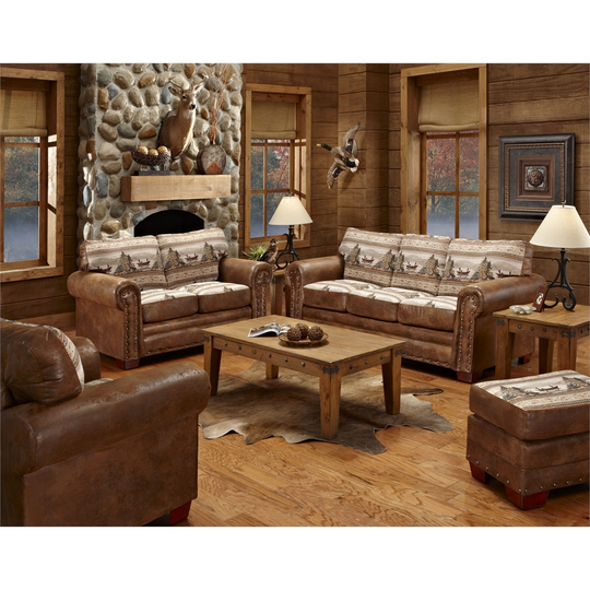 Alpine Lodge - 4 Piece Set | Rustic Tapestry and Leather-Look Microfiber | Solid Wood Frame and Legs | Nailhead Accents