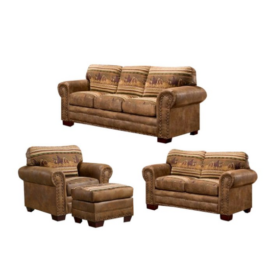 Wild Horses - 4 Piece Set | Rustic Tapestry and Leather-Look Microfiber Furniture