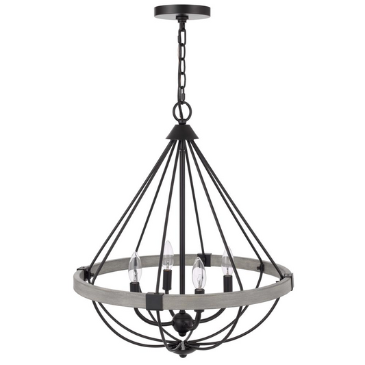 60W x 4 Somersworth Metal Chandelier - White Wash Wood Finish, Matte Black Metal