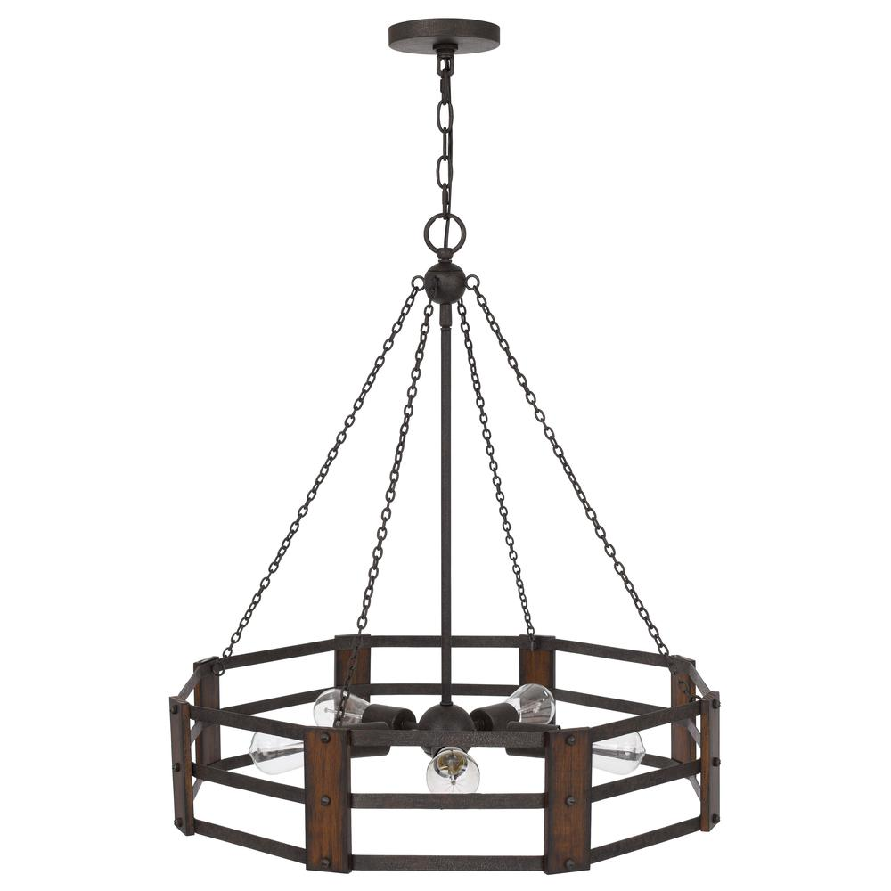 60W x 5 Provo Metal Chandelier - Industrial Rustic Style | Oak Wood & Iron Finish