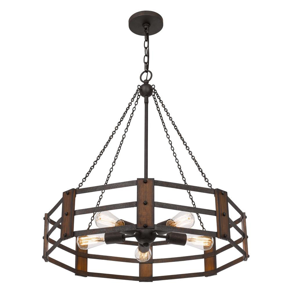 60W x 5 Provo Metal Chandelier - Industrial Rustic Style | Oak Wood & Iron Finish