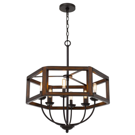 Renton Hexagon Rubber Wood/Metal Chandelier - Industrial and Modern Style