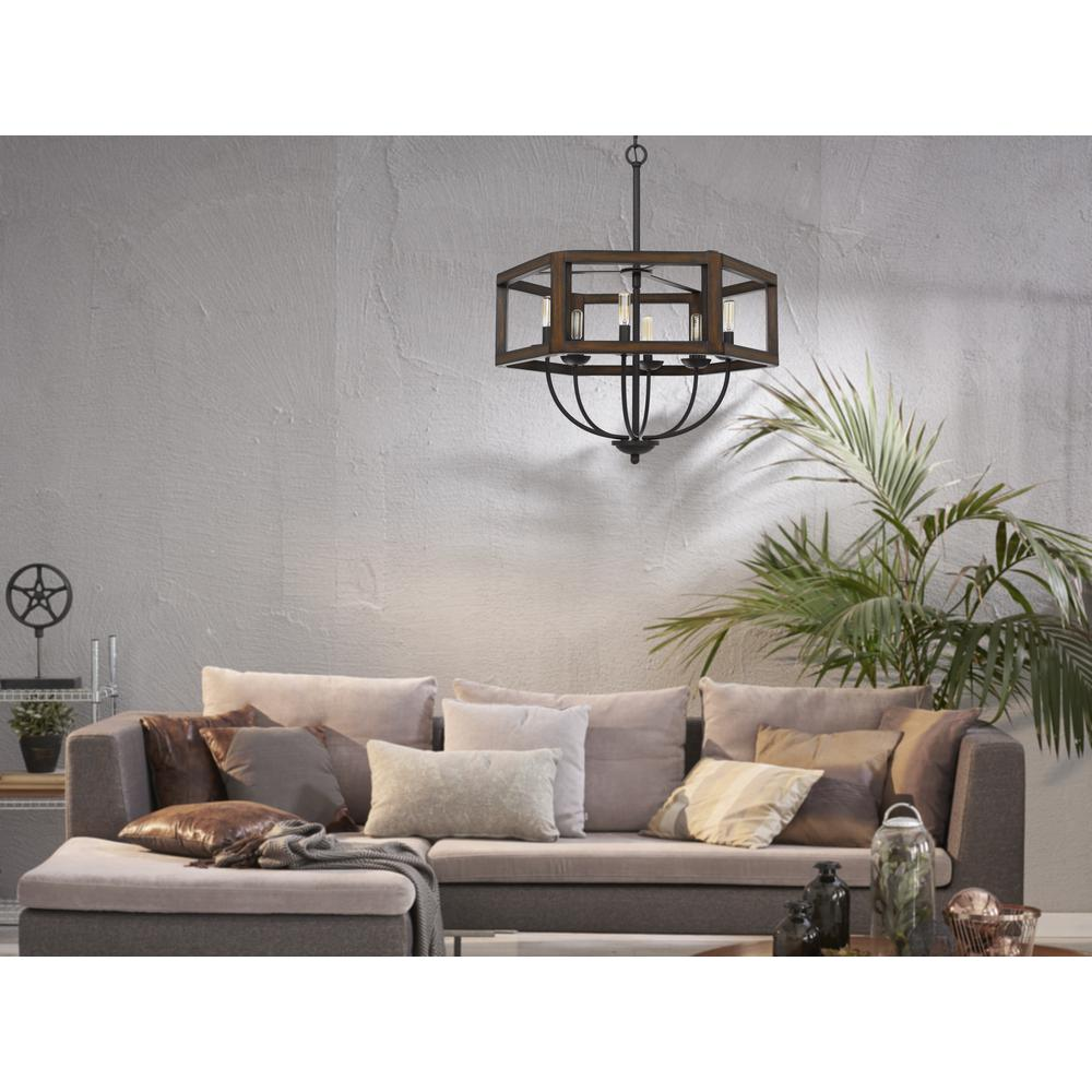 Renton Hexagon Rubber Wood/Metal Chandelier - Industrial and Modern Style