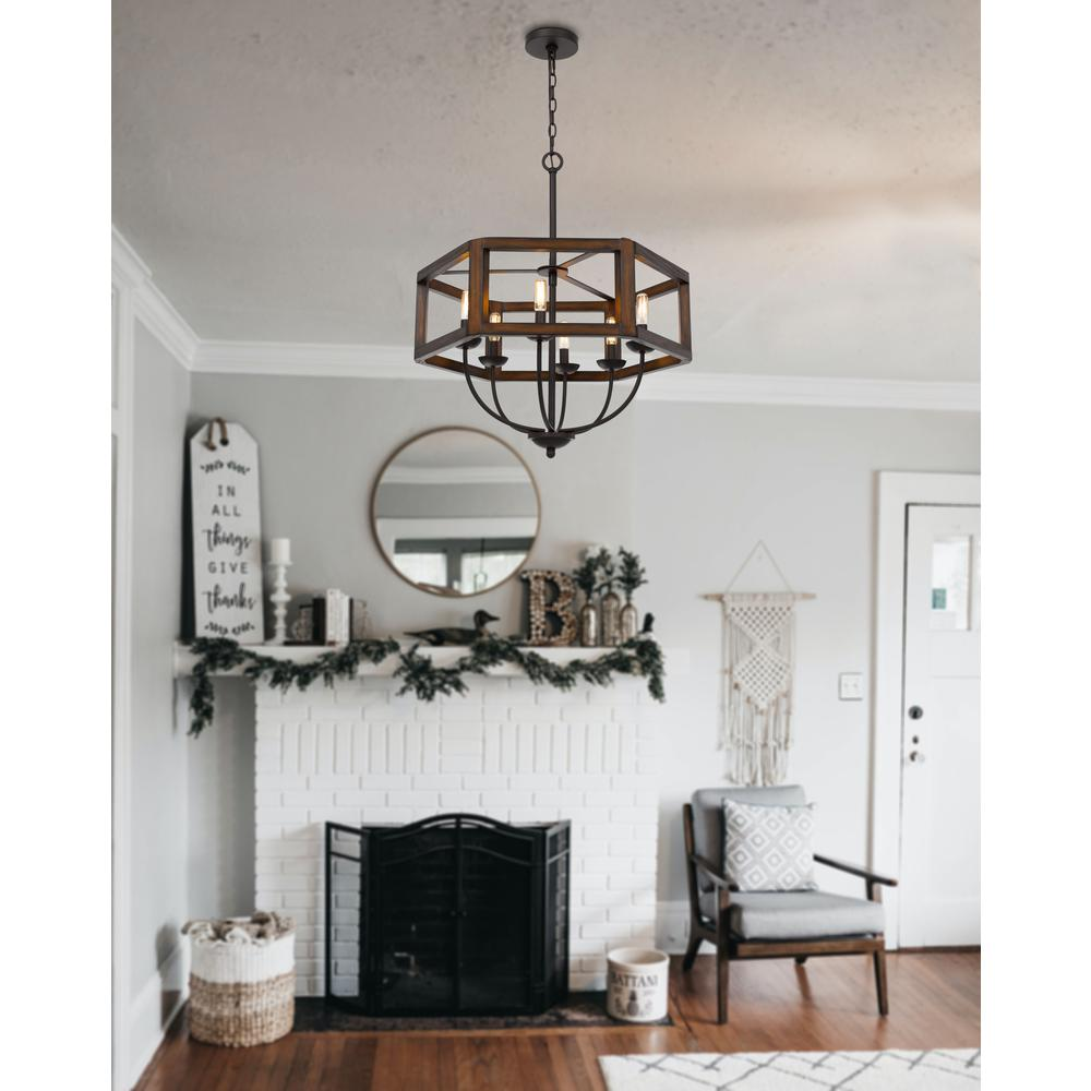 Renton Hexagon Rubber Wood/Metal Chandelier - Industrial and Modern Style