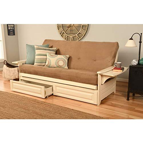 Phoenix Frame-Antique White Finish-Suede Peat Mattress-Storage Drawers | Versatile and Stylish Futon